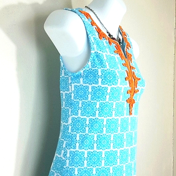 Counting Daisies Girls Sundress Blue Geometric Print Orange Embroidered Mini 12 - Picture 4 of 7